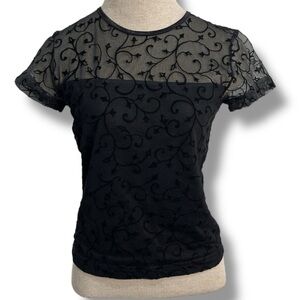 Y2K 90s Women's Black Mesh Top Vine Flower Flocked Lace Size S Dark Fairy Goth